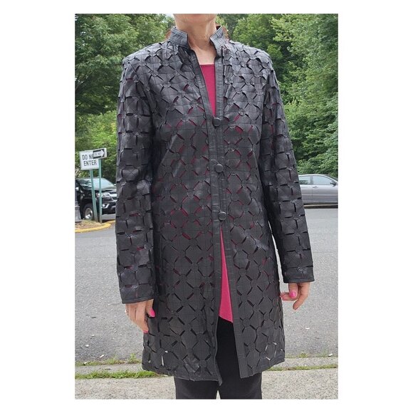 BARCELINO Vintage Genuine Lamb Cut Out Black Jacket Trench Coat - Picture 4 of 10